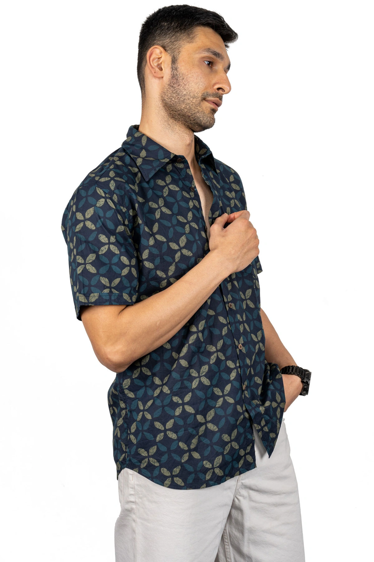 Dark blue leaf print cotton shirt half sleeves-4