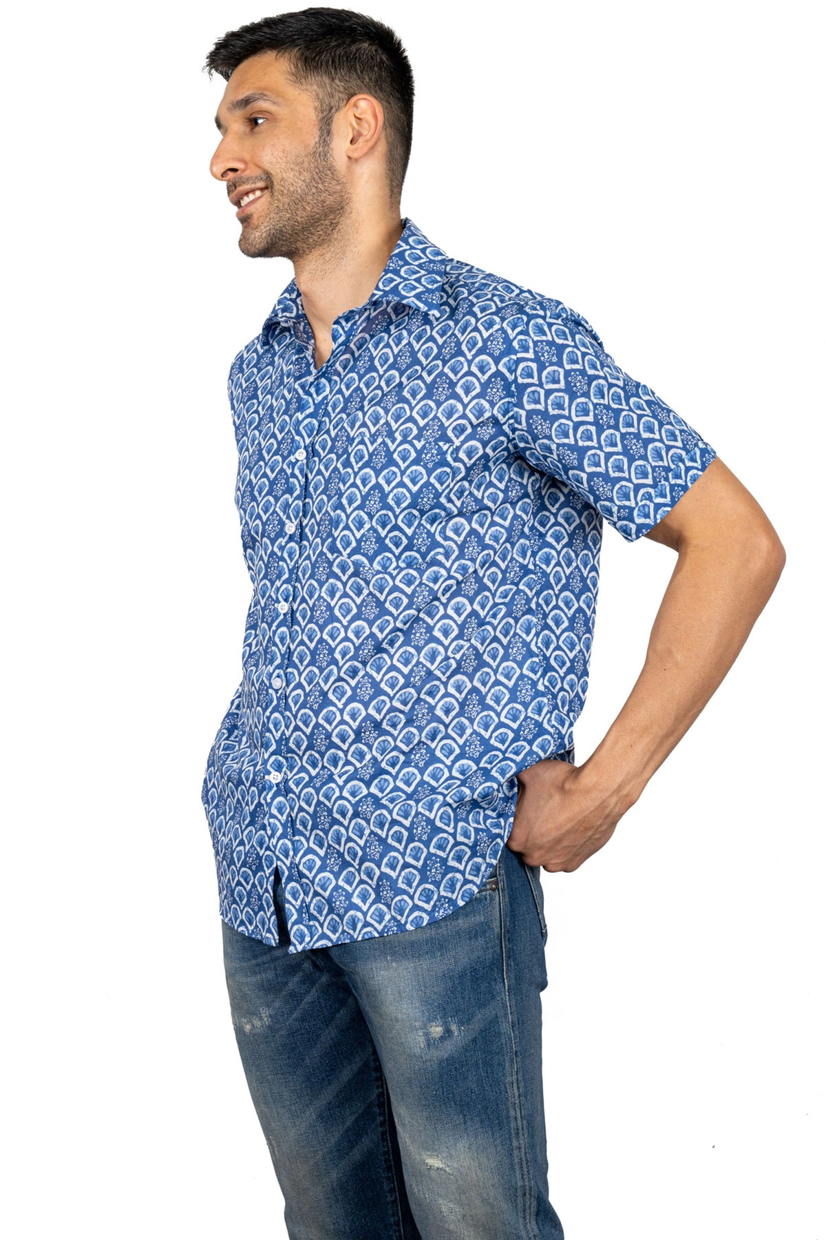 Blue and white fan print cotton shirt half sleeves-3