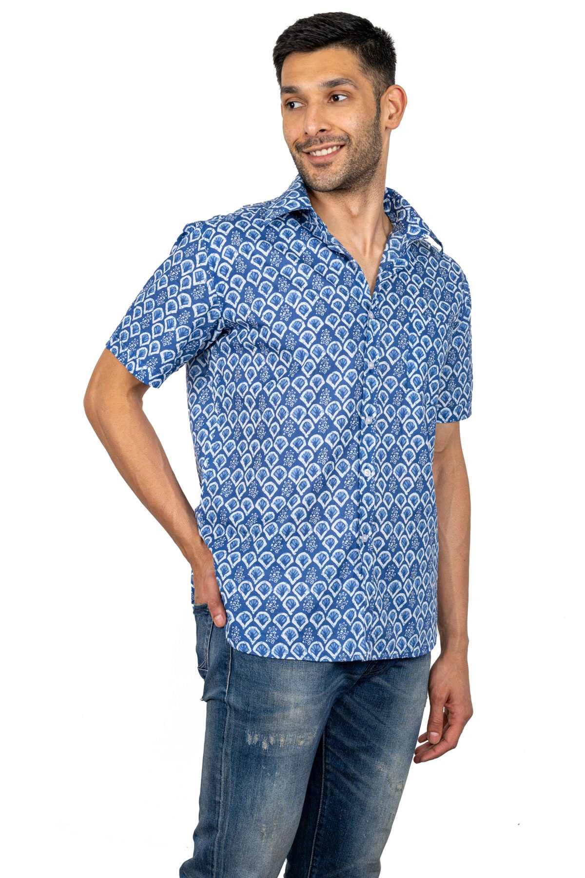 Blue and white fan print cotton shirt half sleeves-4