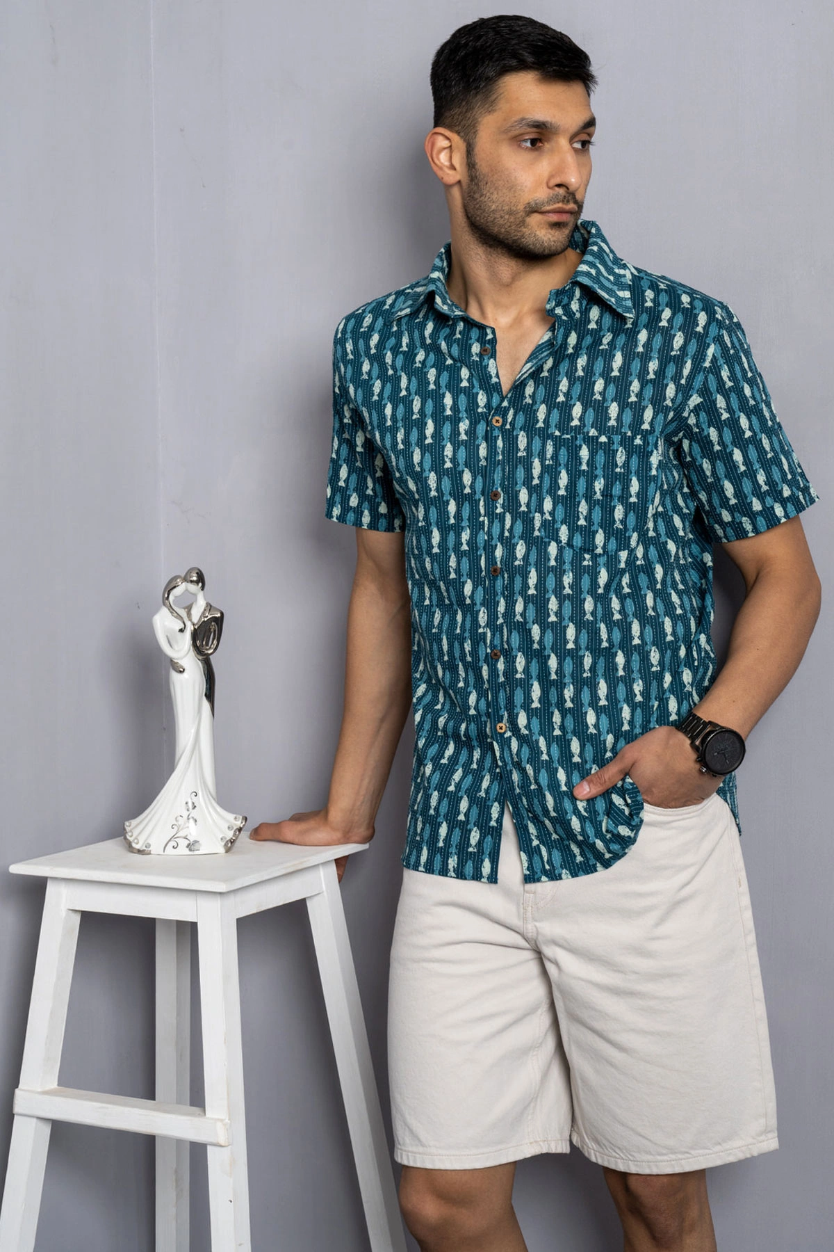 Blue color Indigo Fish print Kantha work cotton shirt half sleeves-5