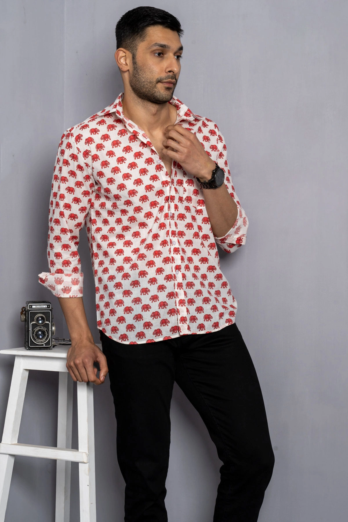 White shirt with Red and Purple elephant print cotton shirt half sleeves-7