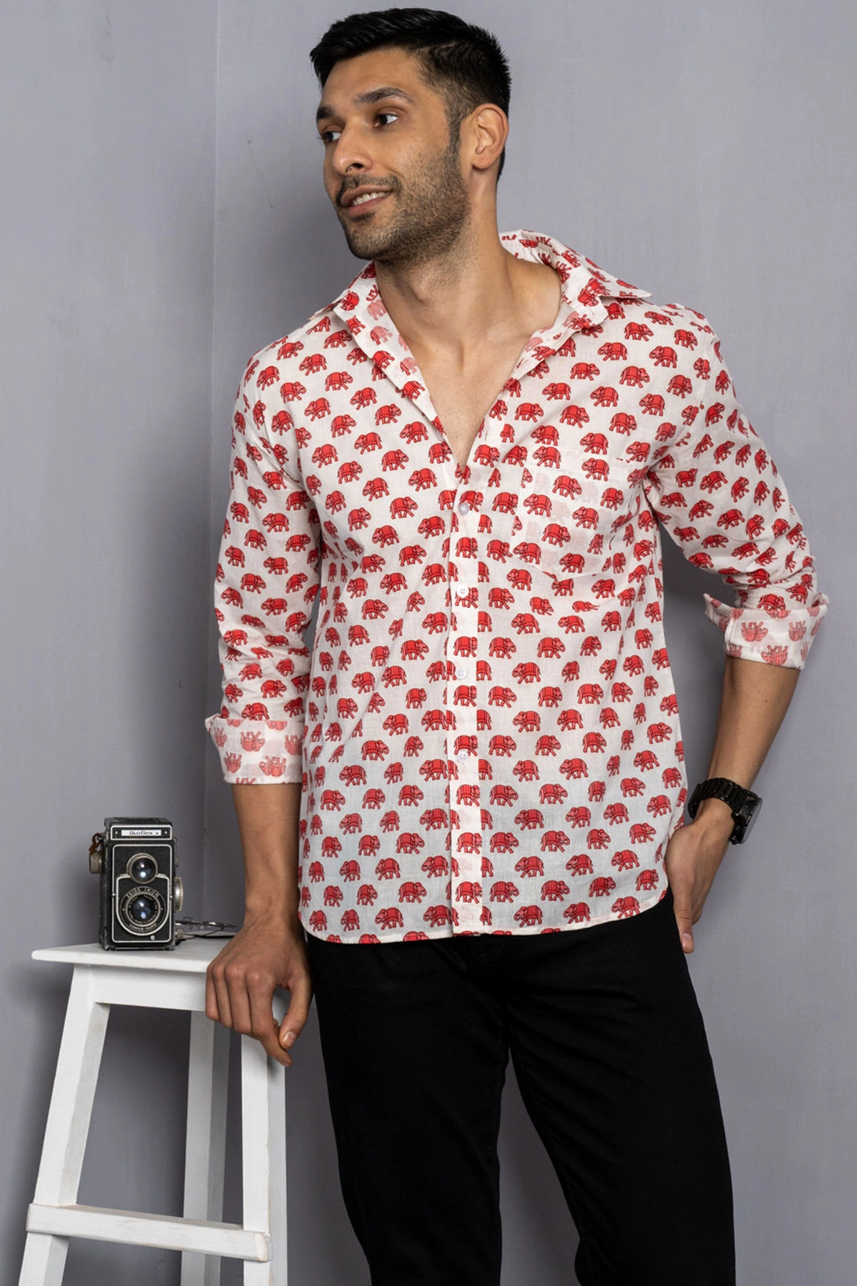 White shirt with Red and Purple elephant print cotton shirt half sleeves-1