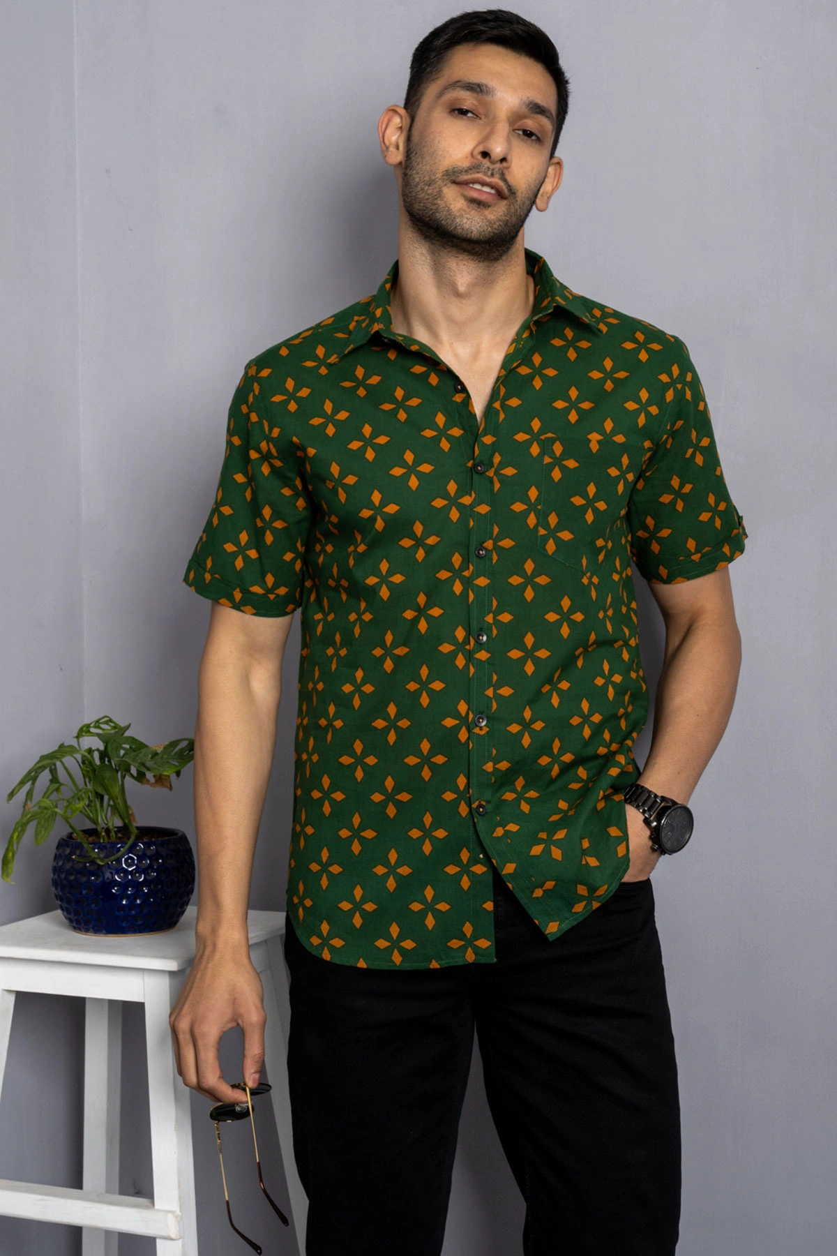 Dark Green color shirt with Yellow leaf print cotton shirt half sleeves-12380134