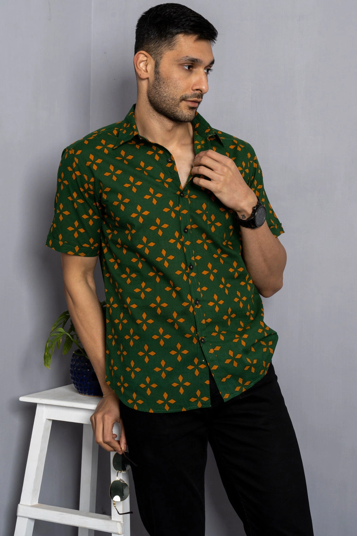 Dark Green color shirt with Yellow leaf print cotton shirt half sleeves-1