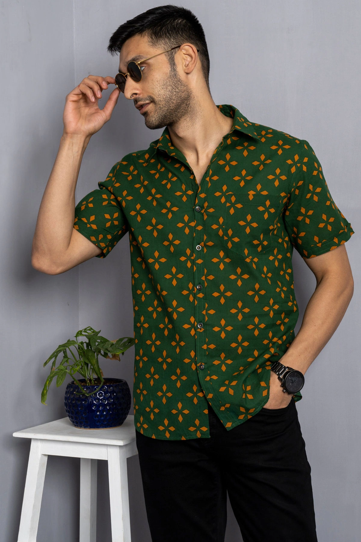 Dark Green color shirt with Yellow leaf print cotton shirt half sleeves-3