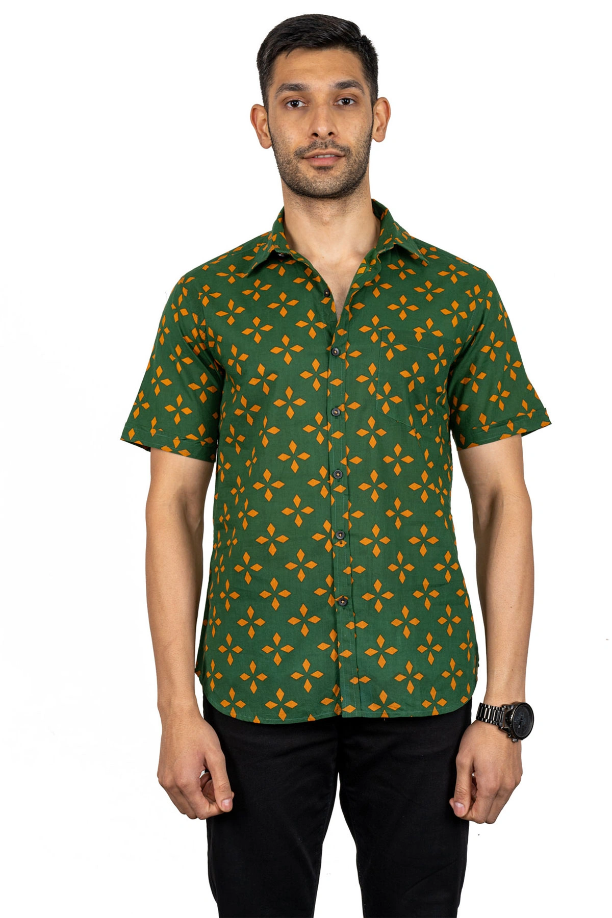 Dark Green color shirt with Yellow leaf print cotton shirt half sleeves-4