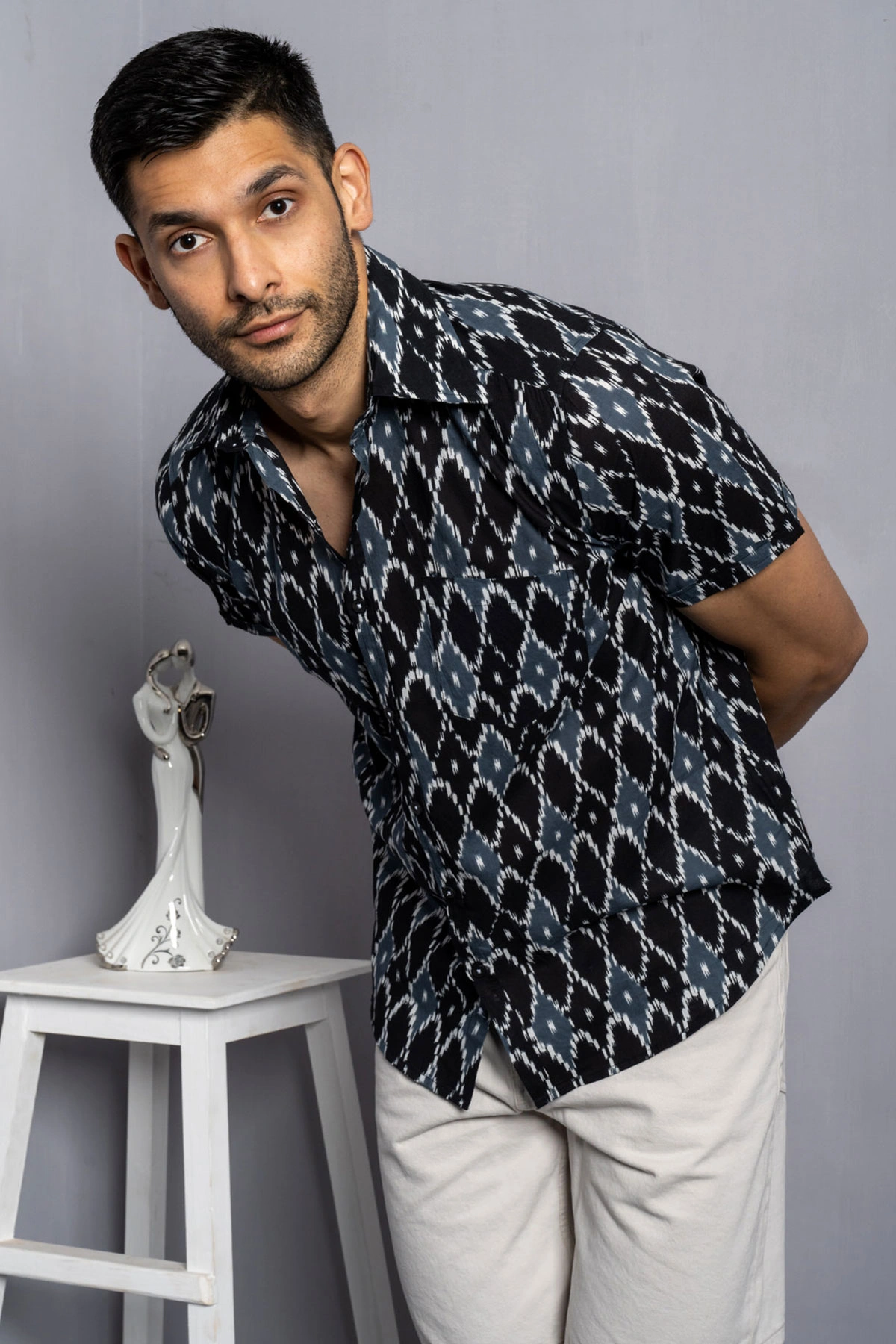 Grey Black Ikkat print cotton shirt half sleeves-1