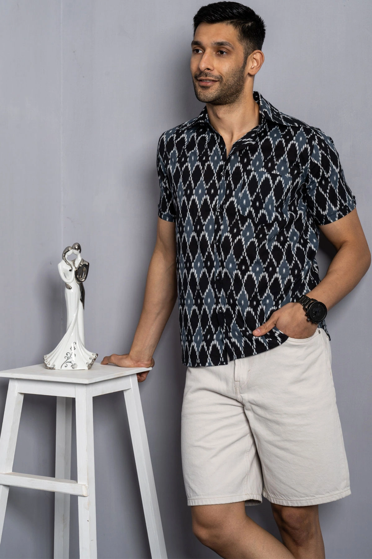 Grey Black Ikkat print cotton shirt half sleeves-3