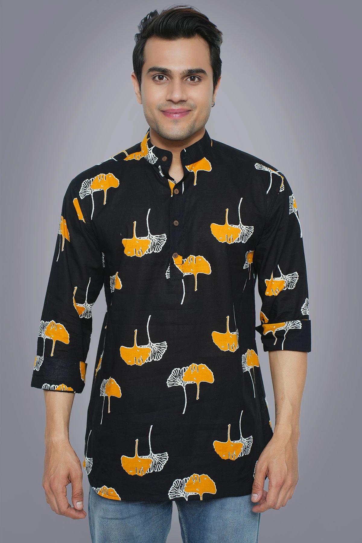 Black Yellow Leaf print cotton trendy short kurta 3/4th sleeves-12380244