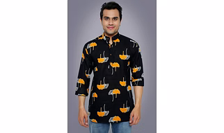 Black Yellow Leaf print cotton trendy short kurta 3/4th sleeves