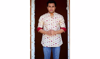 Red Golden Elephant print cotton trendy short kurta 3/4th sleeves