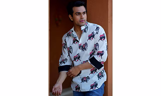 White Color traditional camel elephant print cotton trendy short kurta 3/4th sleeves