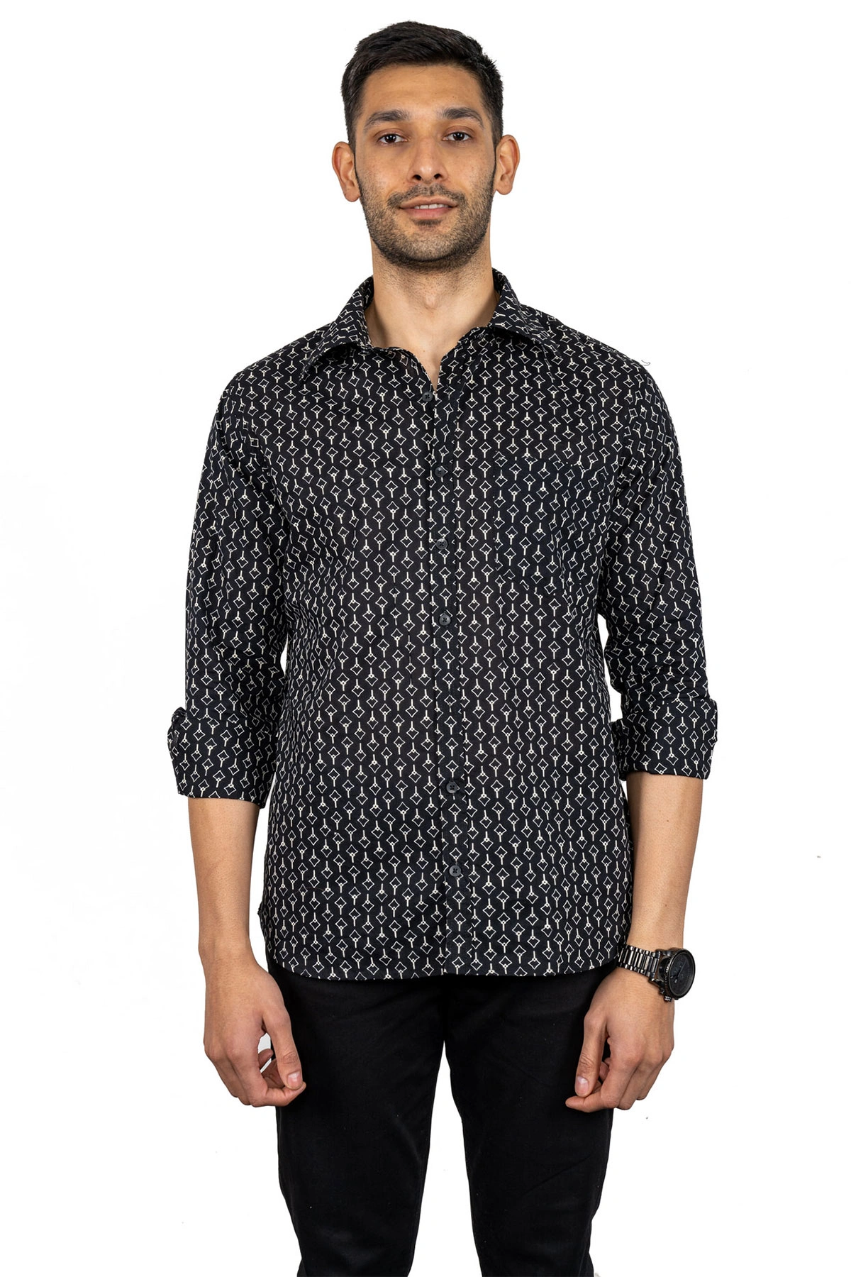 Black Geometric Print Casual Cotton Shirt Full Sleeves-12380162