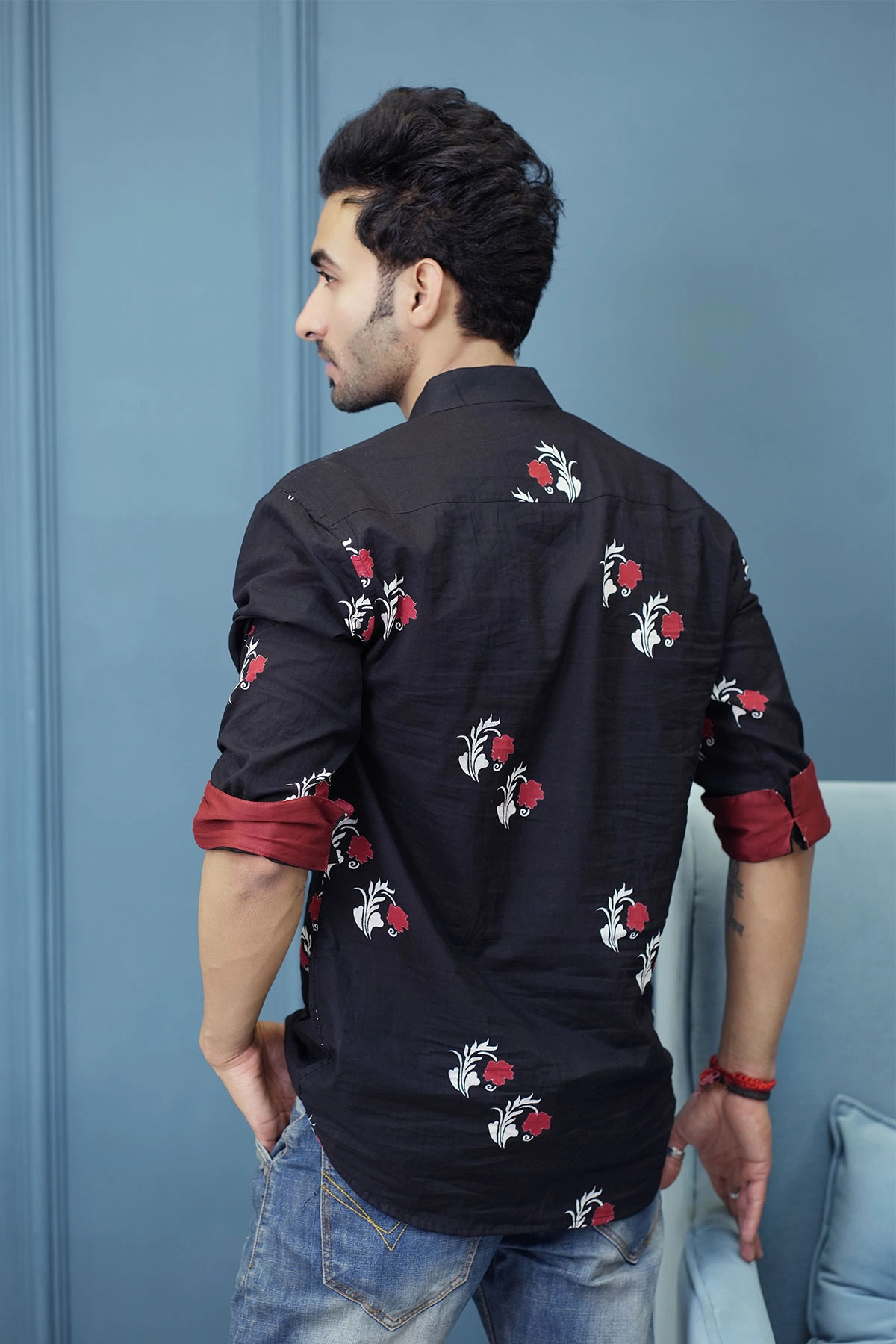 Black color Red flower cotton trendy short kurta for summers 3/4th sleeves casual party holiday ethnic wear-2