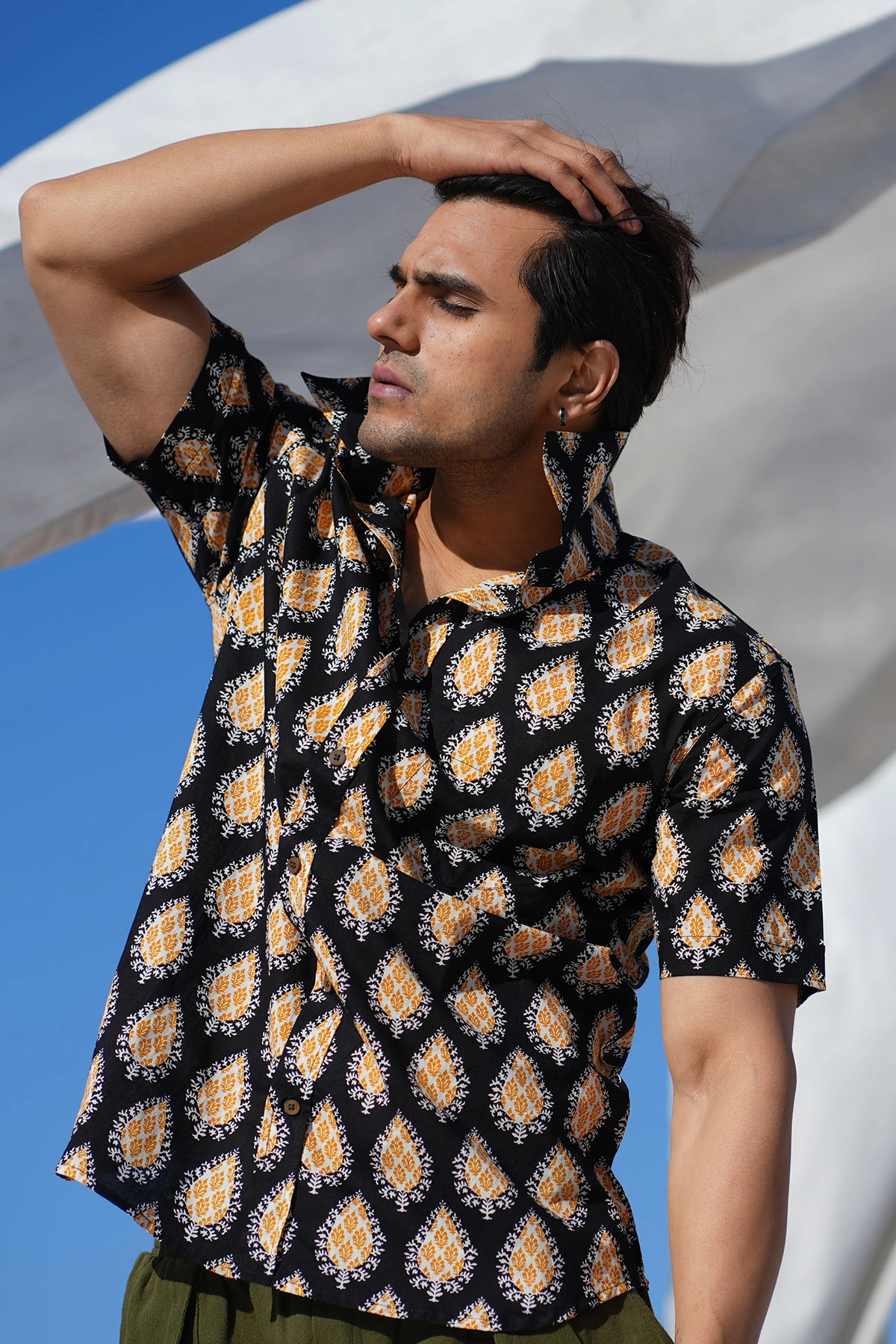 Black color Yellow Paan print cotton shirt half sleeves-12380490