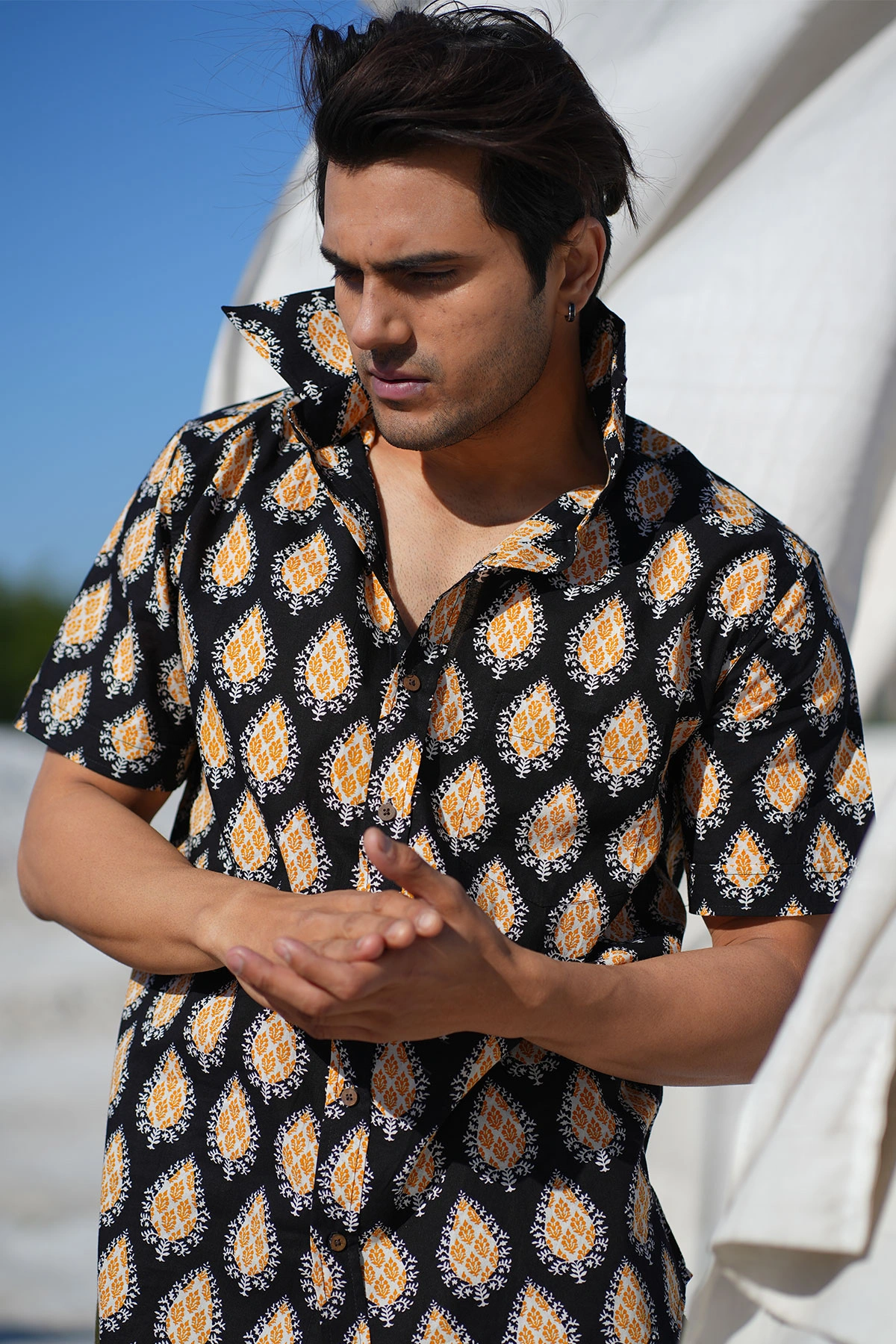 Black color Yellow Paan print cotton shirt half sleeves-2