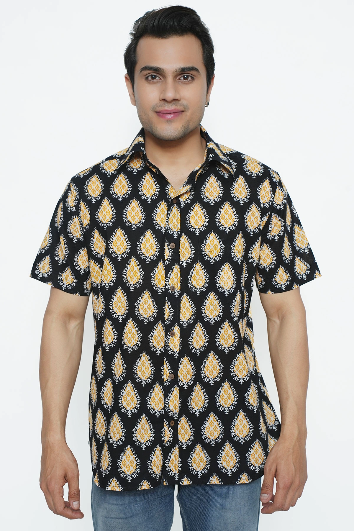 Black color Yellow Paan print cotton shirt half sleeves-3