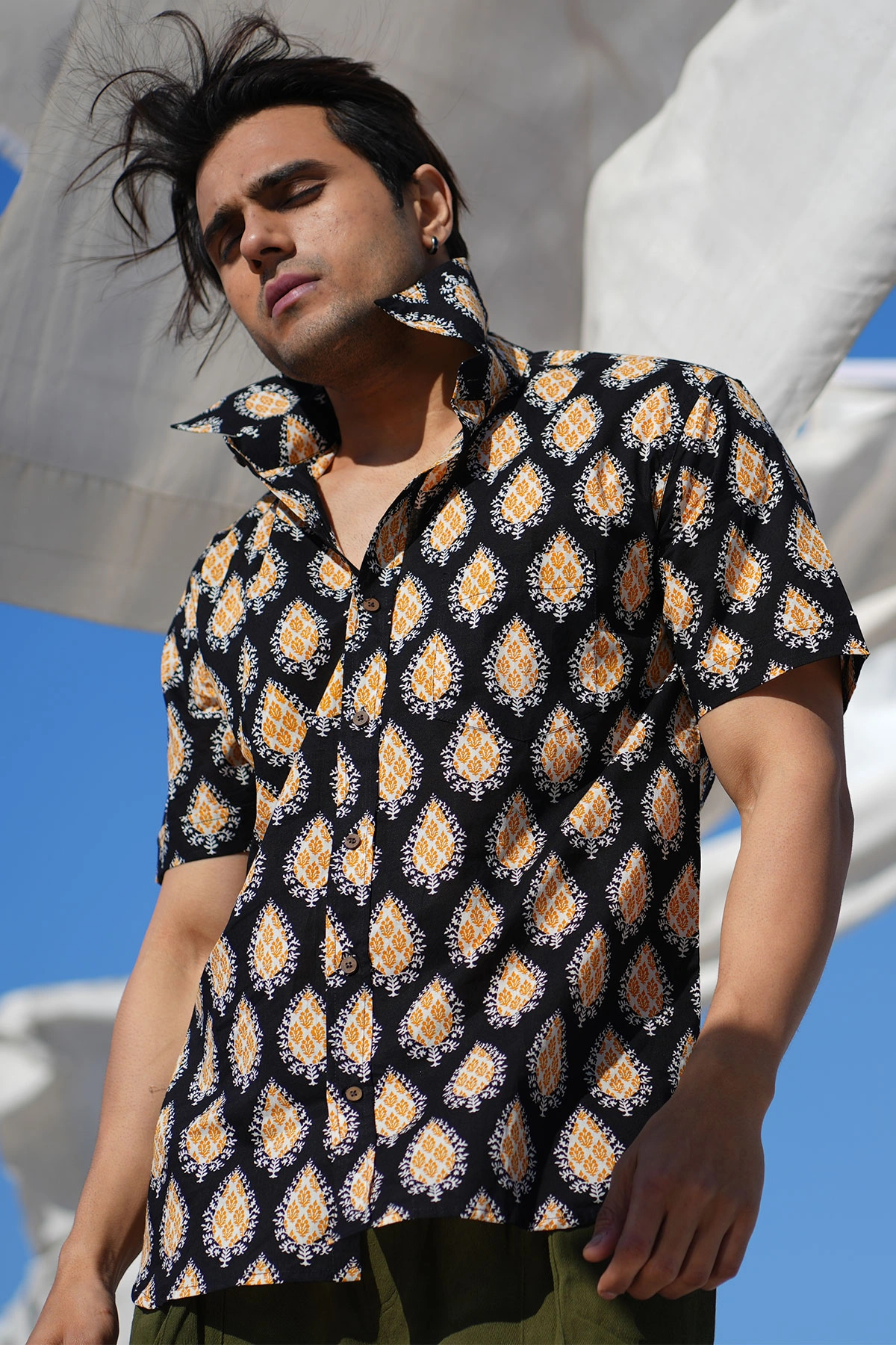 Black color Yellow Paan print cotton shirt half sleeves-4