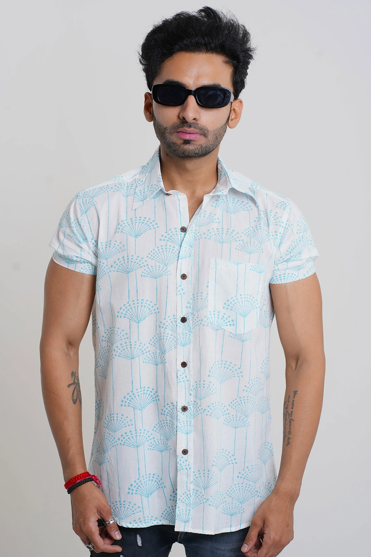 White Shirt Sky Blue Flower print cotton half sleeves-12380516