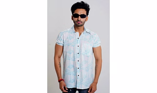 White Shirt Sky Blue Flower print cotton half sleeves