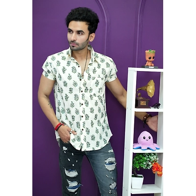 Cream Color Shirt with Green Flower print half sleeves cotton
