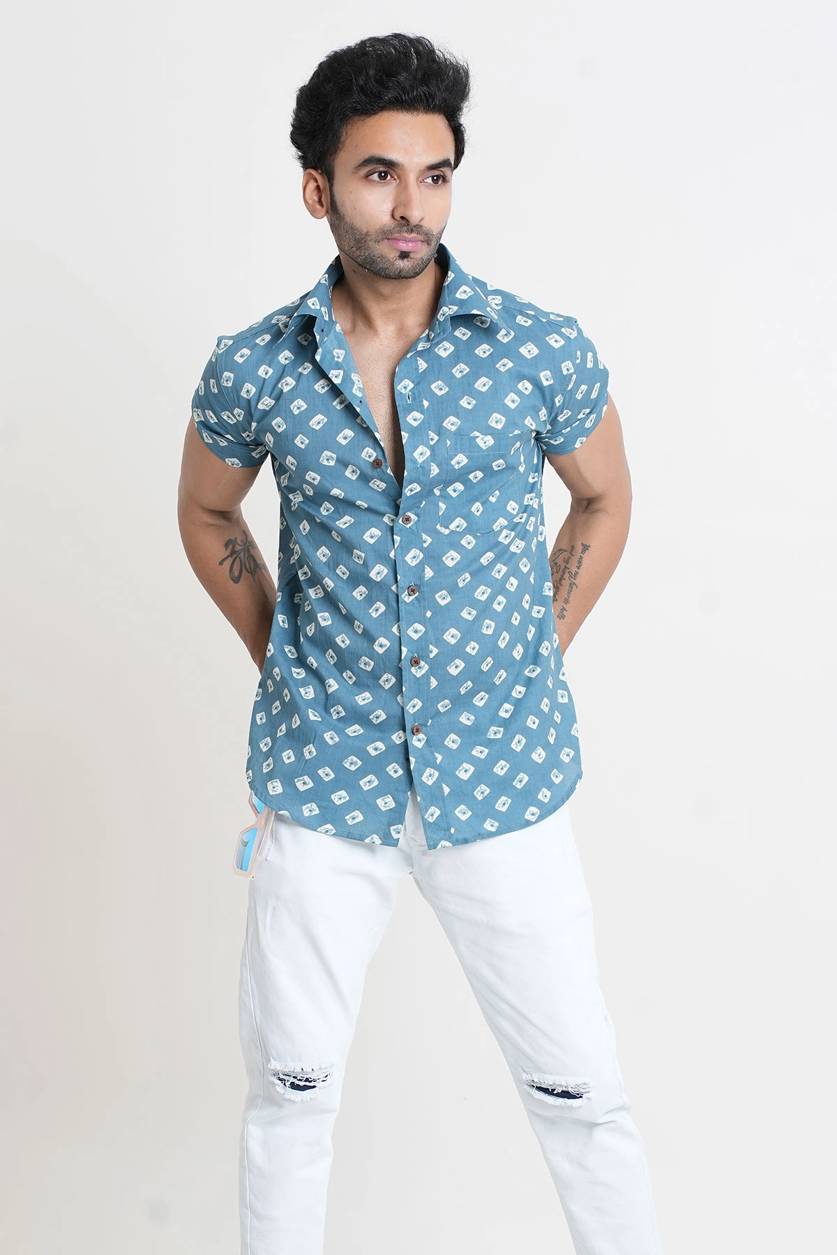 Grey Color Shirt with Bandhej print half sleeves cotton-2