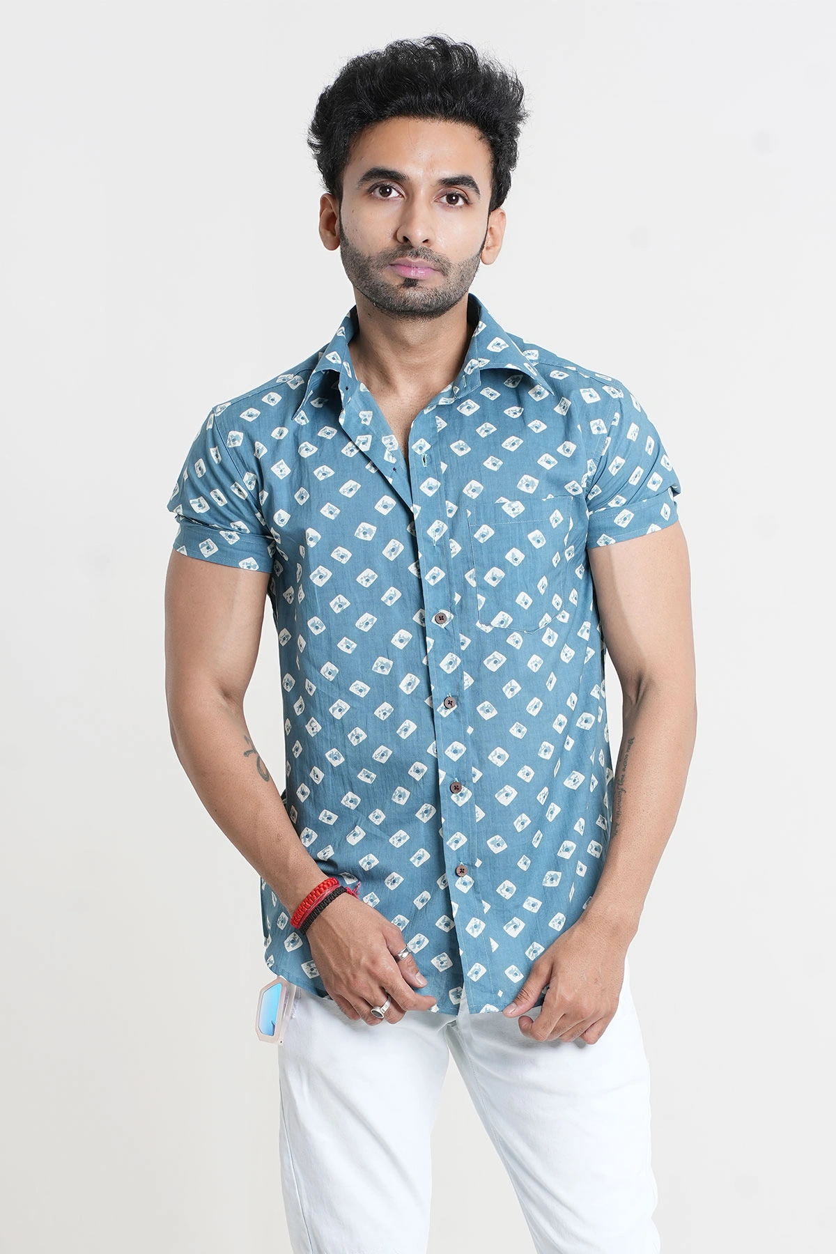 Grey Color Shirt with Bandhej print half sleeves cotton-4