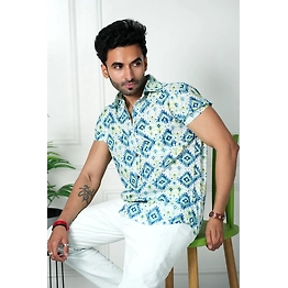 Blue color squares print half sleeves Cotton shirt