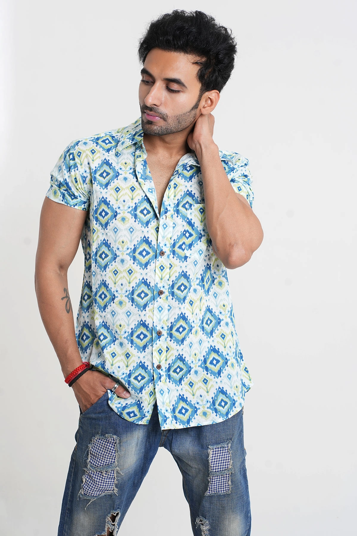 Blue color squares print half sleeves Cotton shirt-8