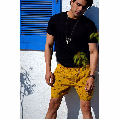mustard yellow color printed cotton boxers shorts