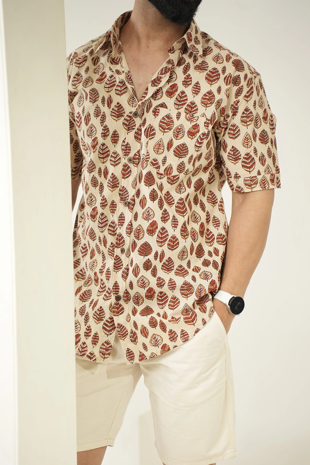 Mud color shirt Maroon Leaf print half sleeves Cotton shirt-3