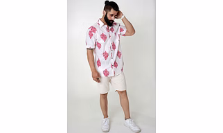 White color Lurex shirt with Damask hand block print half sleeves Cotton shirt