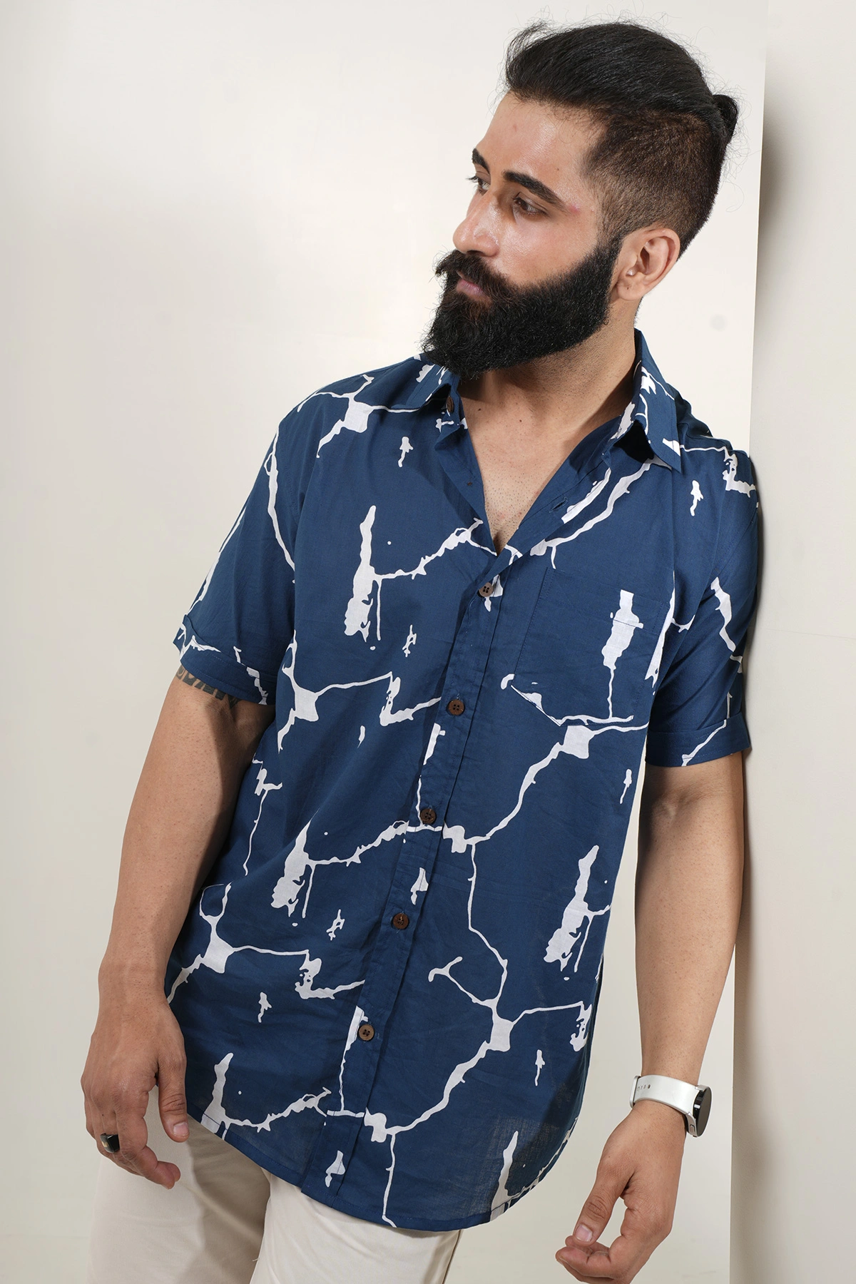 Blue color shirt Random print half sleeves Cotton shirt-12382004