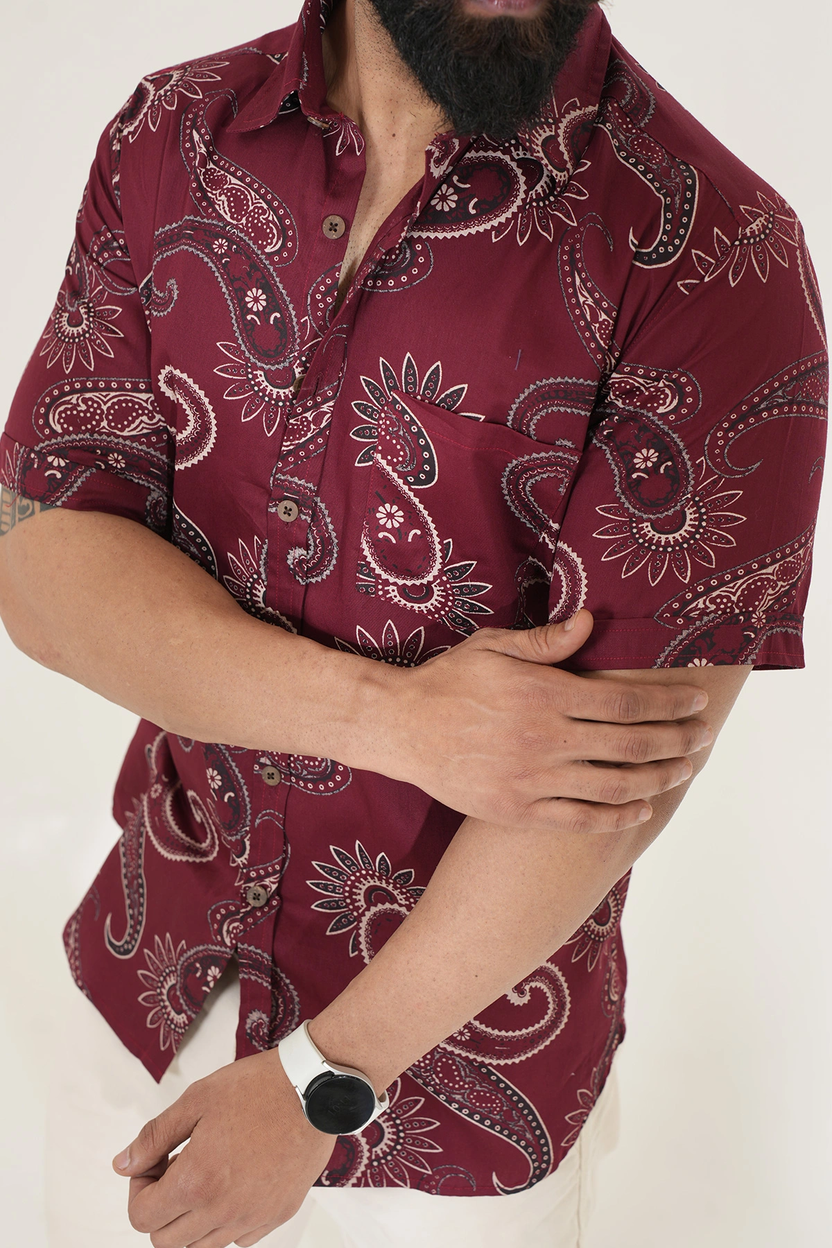 Maroon color shirt Paisley print half sleeves Cotton shirt-12382014