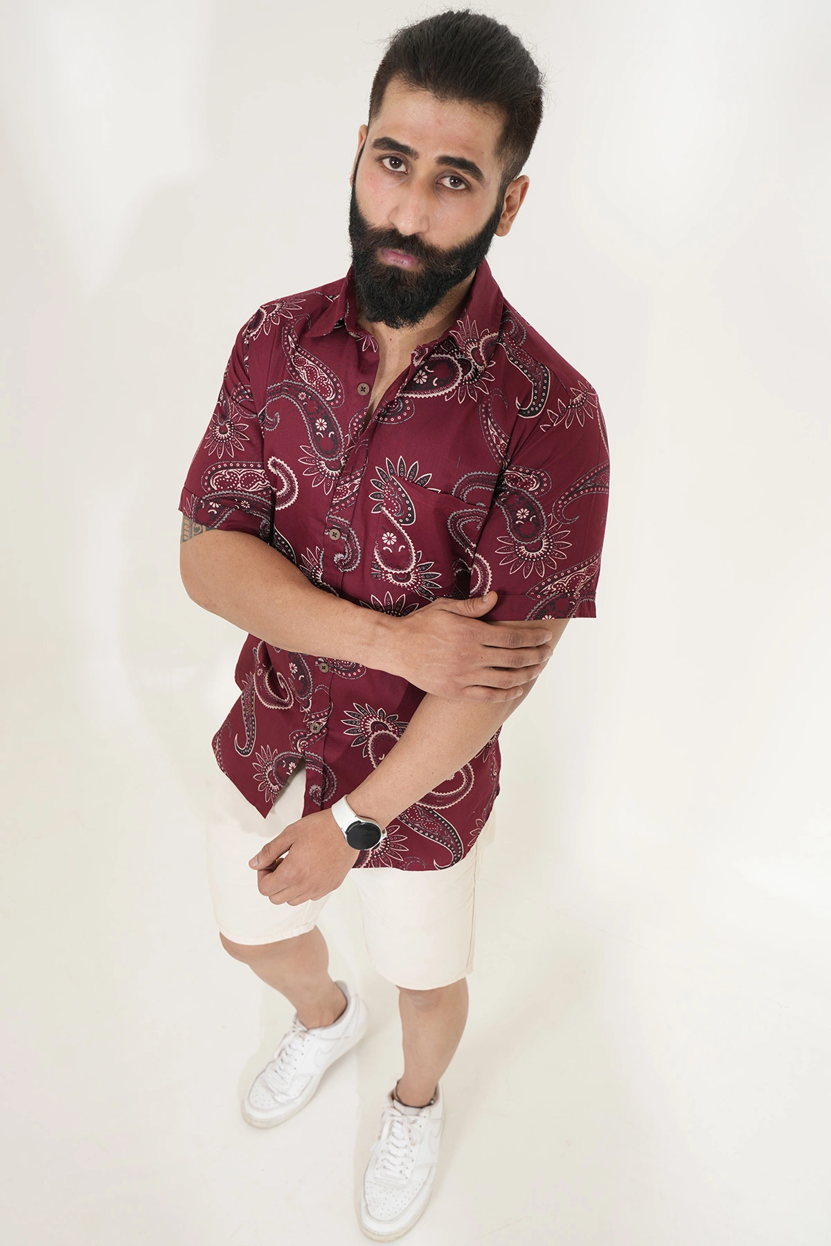 Maroon color shirt Paisley print half sleeves Cotton shirt-3