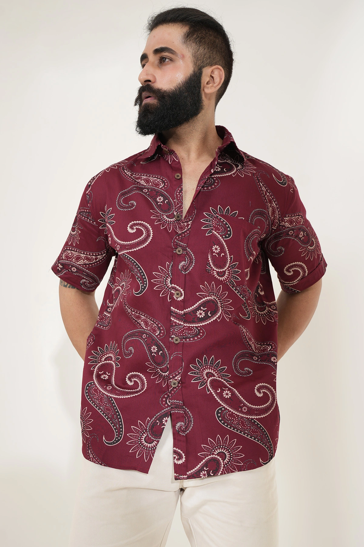 Maroon color shirt Paisley print half sleeves Cotton shirt-4