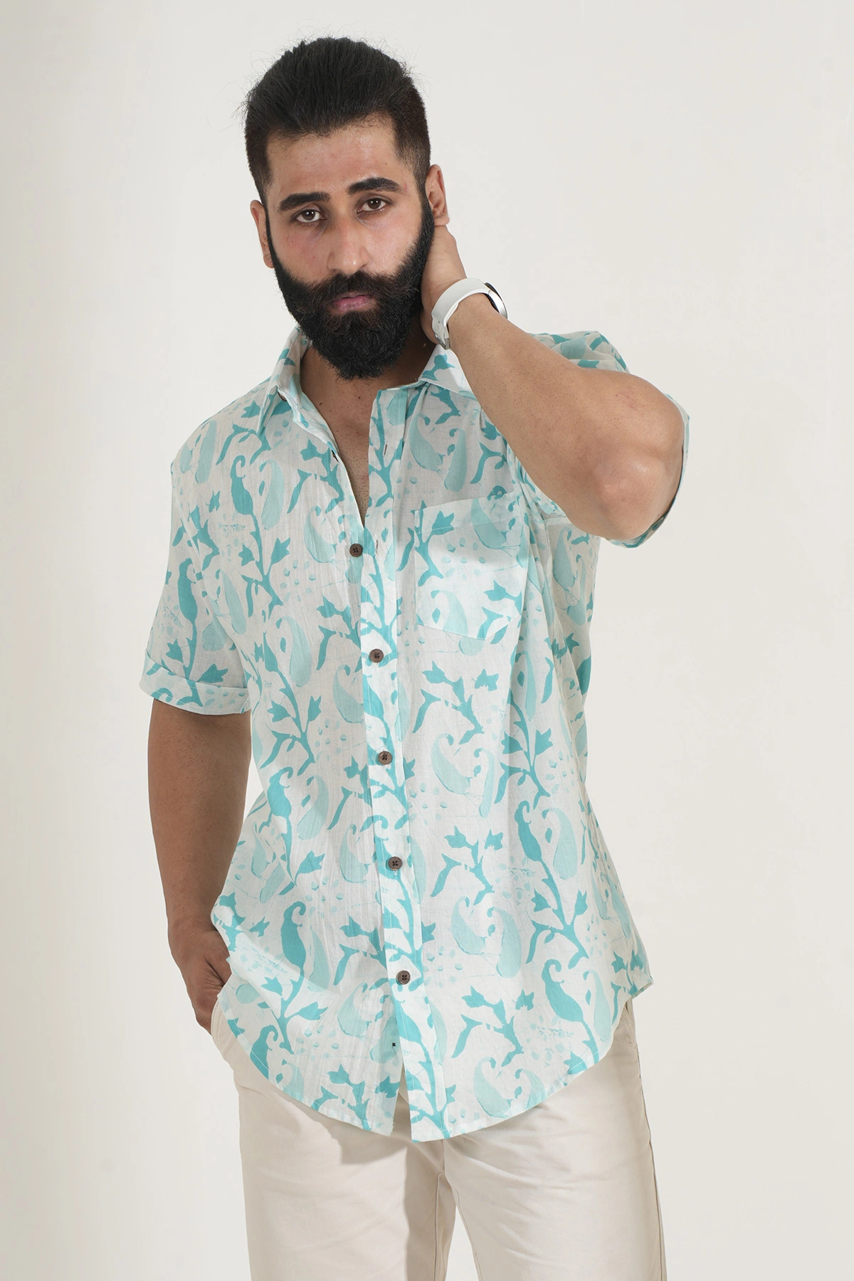 White color shirt sky blue  Paisley print half sleeves Cotton shirt-12382006