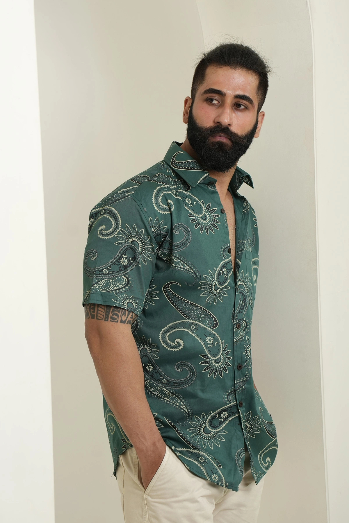 English Green color shirt Paisley print half sleeves Cotton shirt-12382070