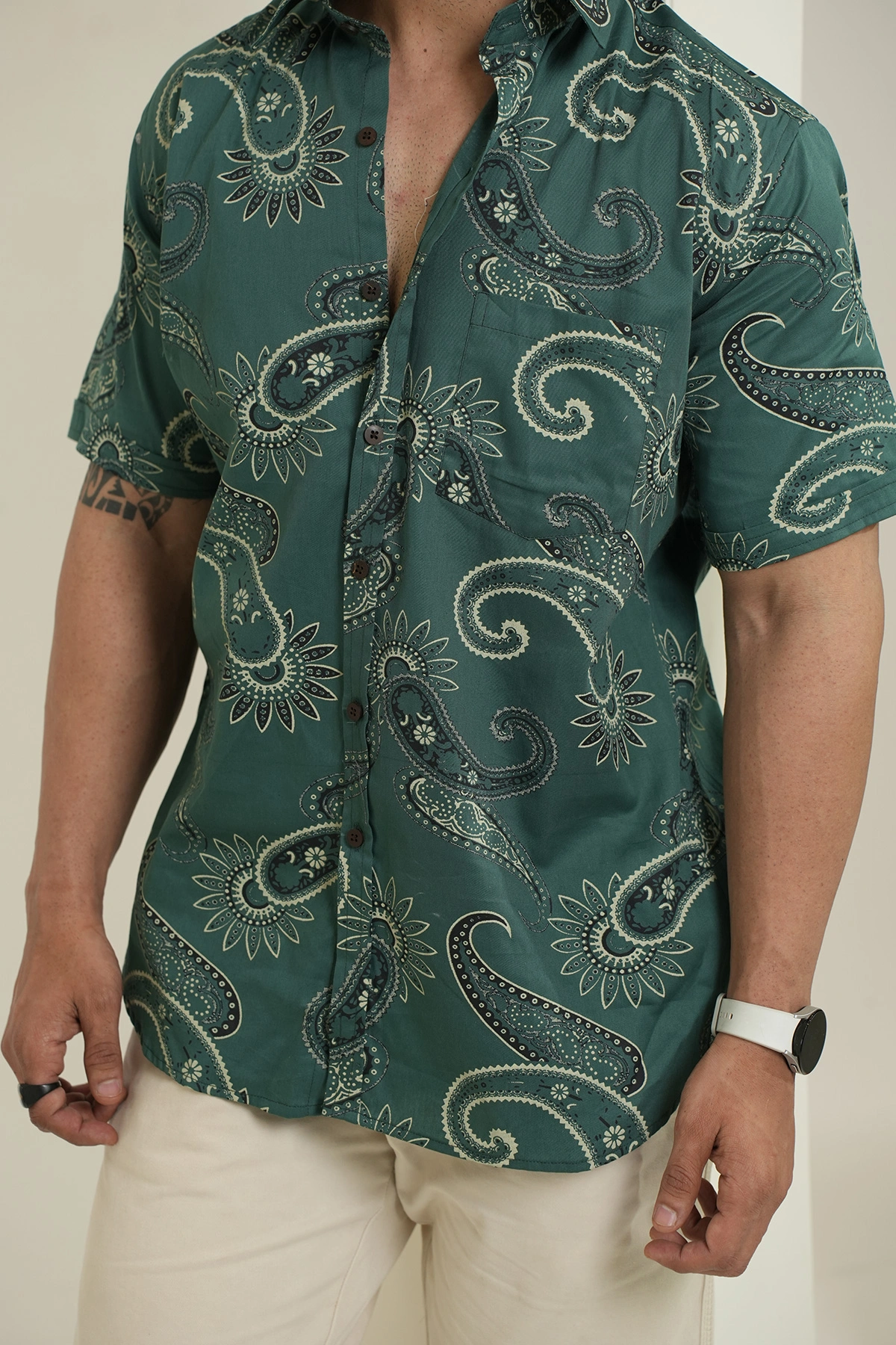 English Green color shirt Paisley print half sleeves Cotton shirt-1