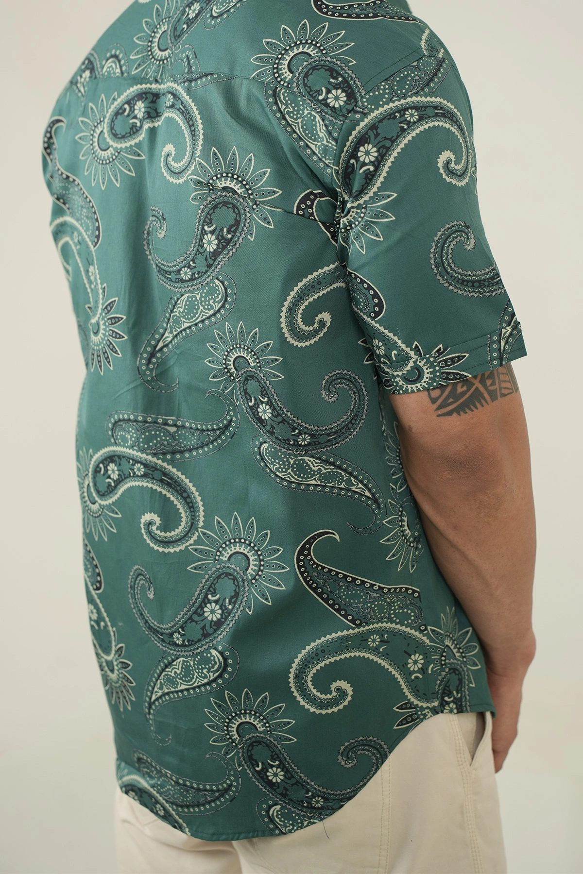 English Green color shirt Paisley print half sleeves Cotton shirt-4