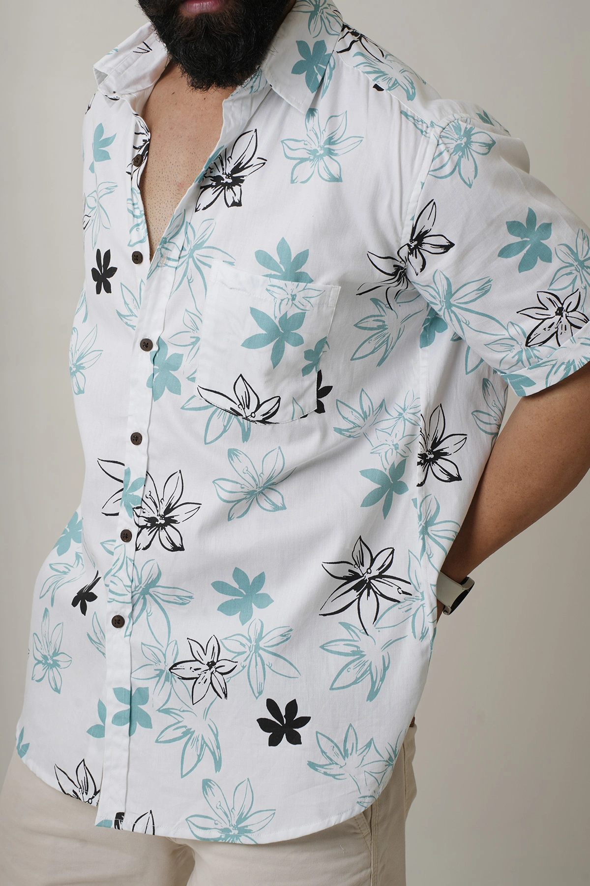 White color shirt Flowers print half sleeves Cotton shirt-12382078