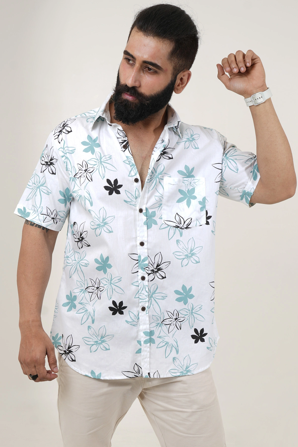 White color shirt Flowers print half sleeves Cotton shirt-1