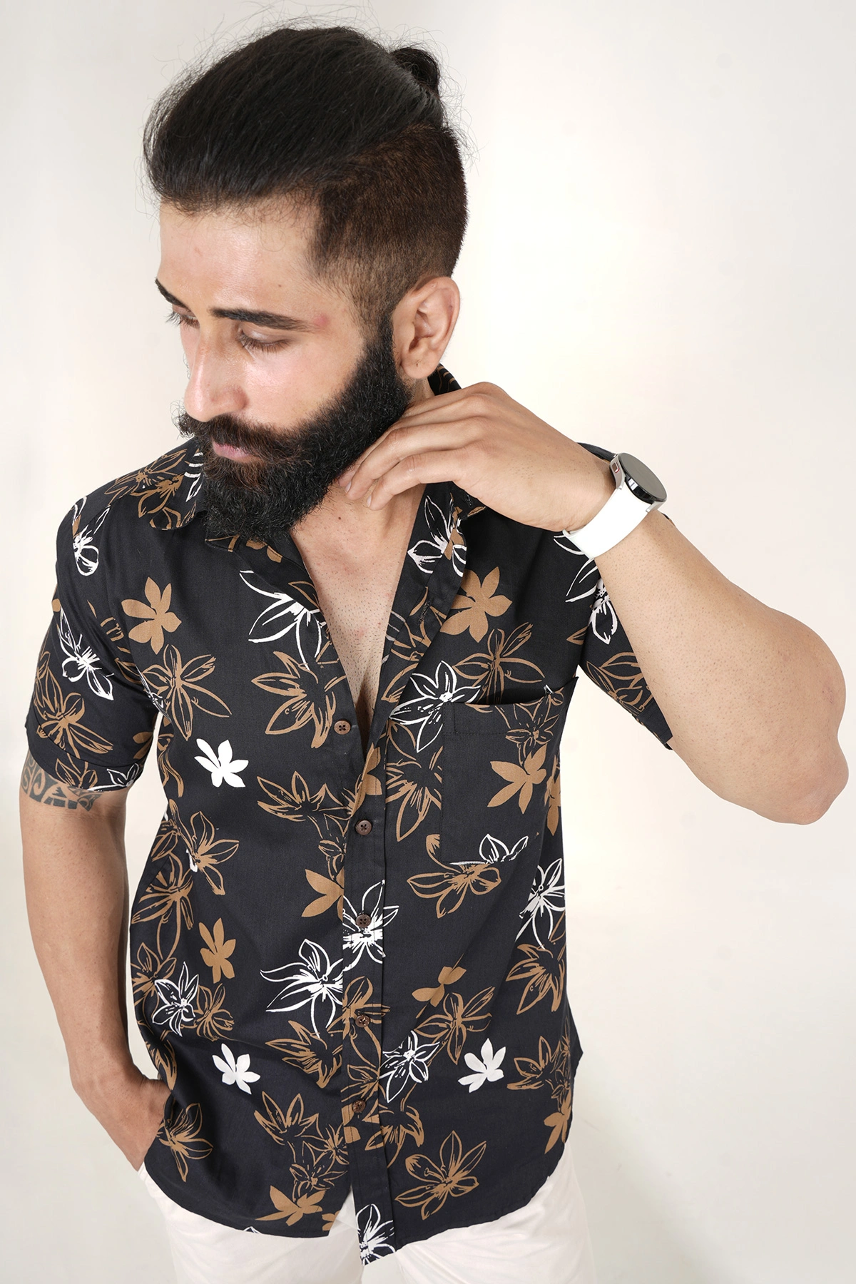 Black color shirt Flowers print half sleeves Cotton shirt-12382094