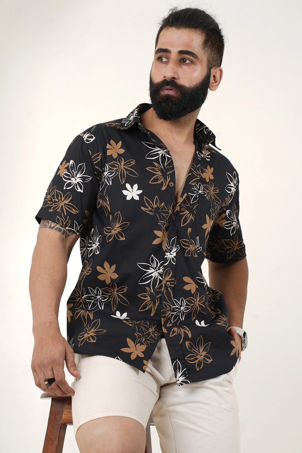 Black color shirt Flowers print half sleeves Cotton shirt-1