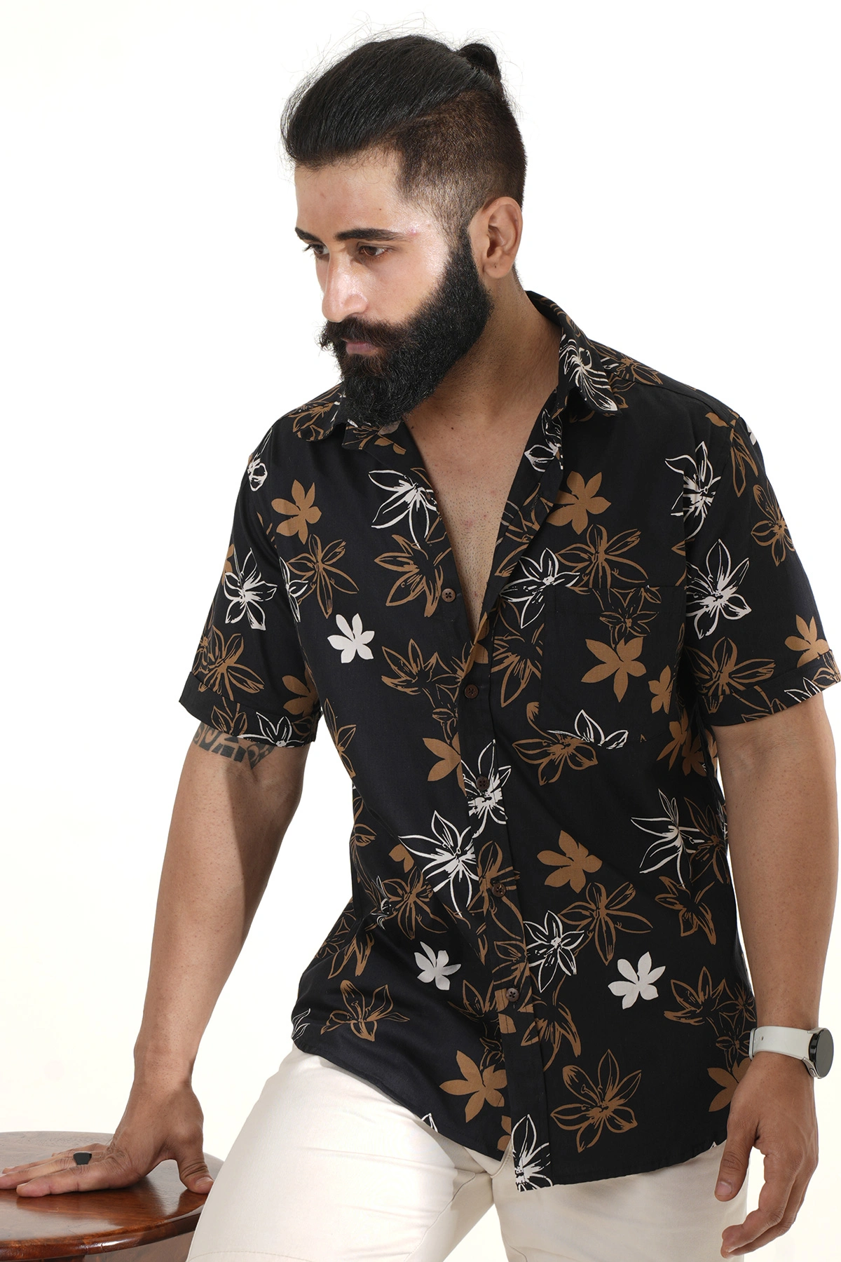 Black color shirt Flowers print half sleeves Cotton shirt-2