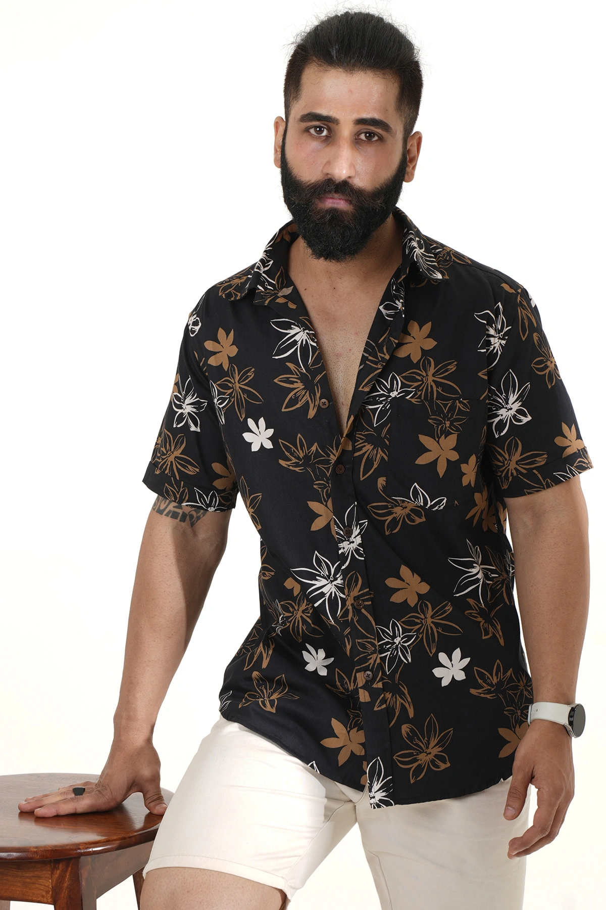 Black color shirt Flowers print half sleeves Cotton shirt-4