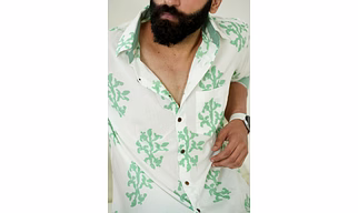 White color shirt Green motif print 3/4th sleeves Cotton shirt part of Coord Set