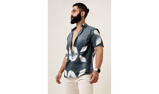 Grey Color Tie & Dye Flower handmade half sleeves cotton shirt