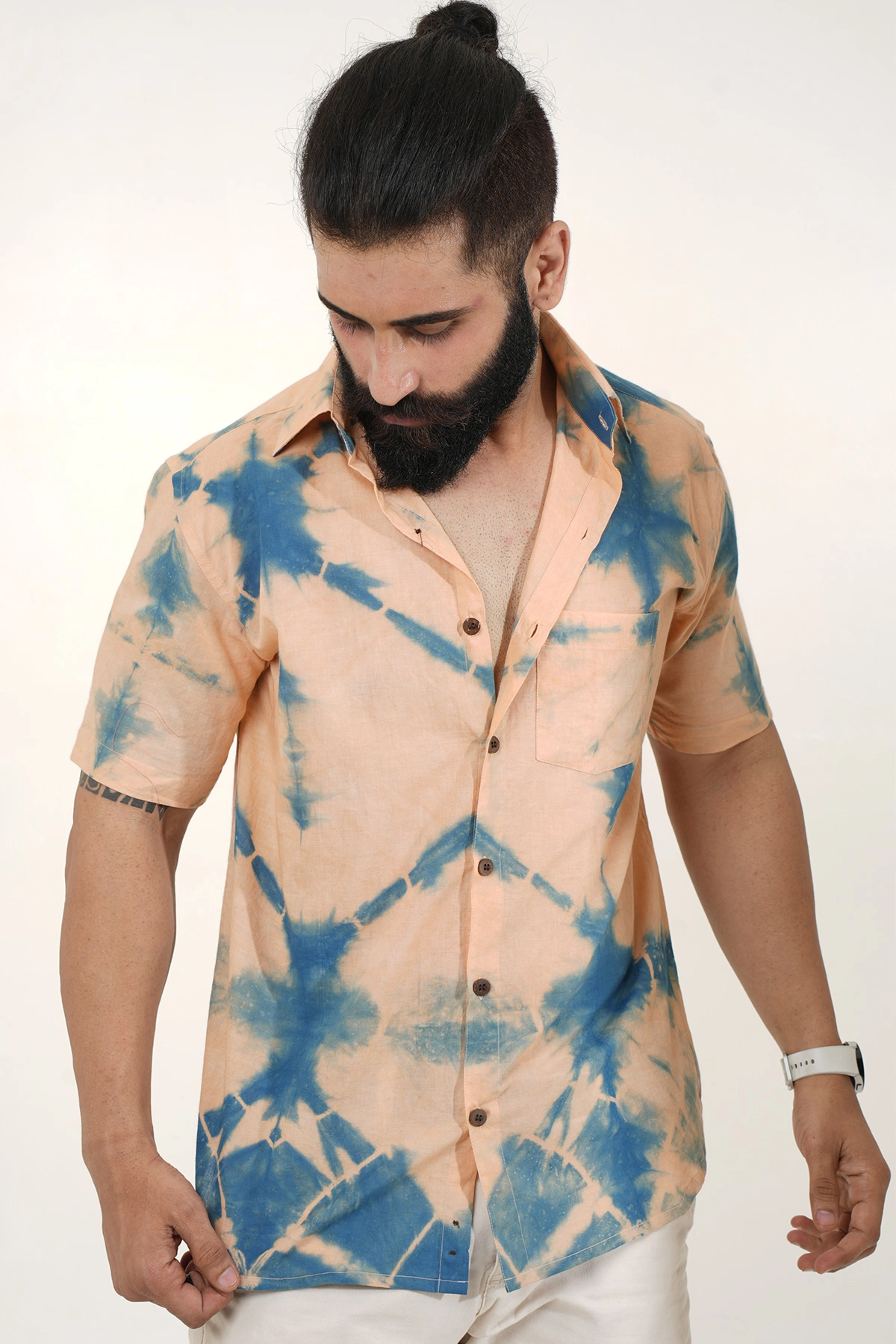 Peach color shirt Blue Tie N Dye handmade half sleeves Cotton shirt-1