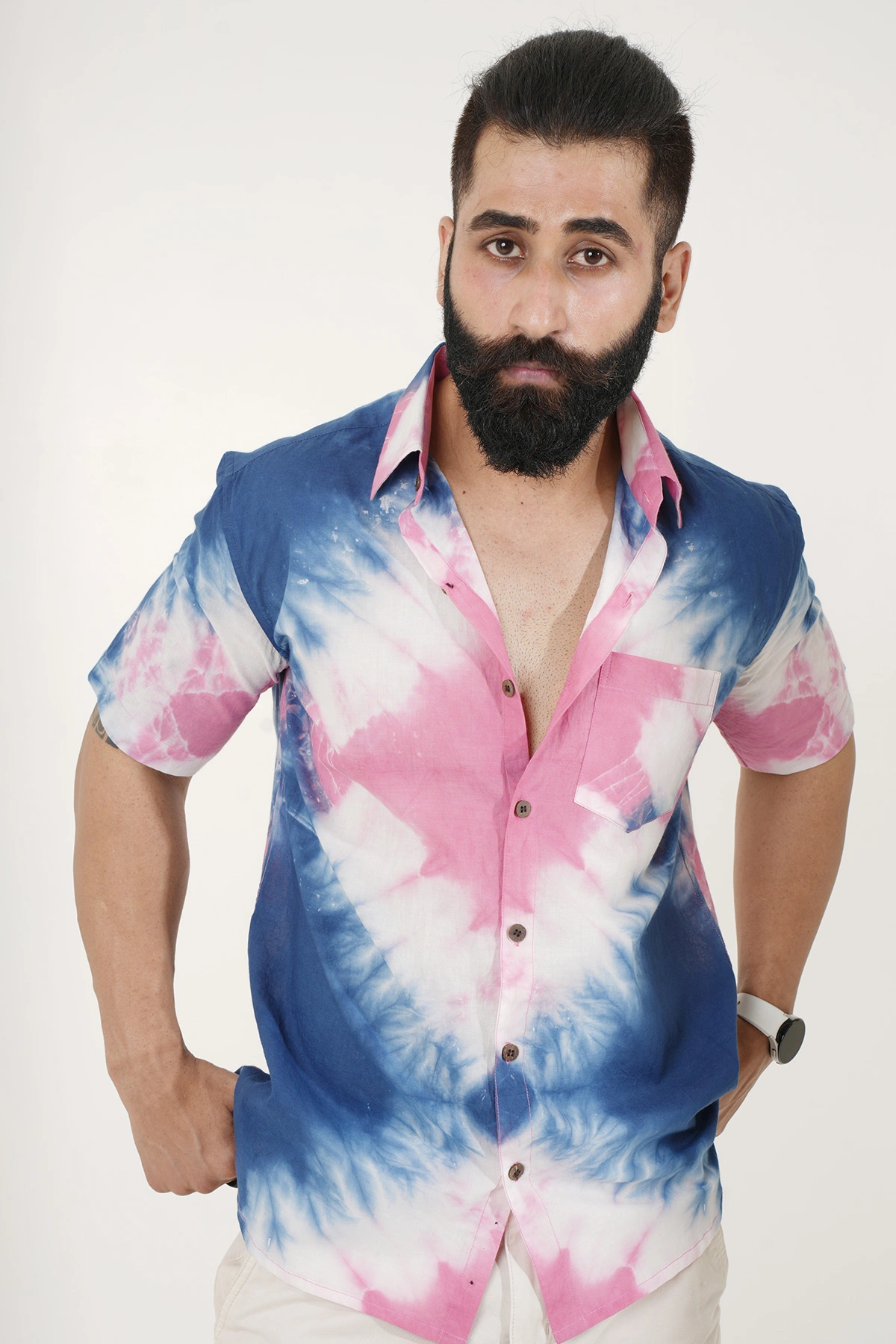 Pink and Blue color shirt Tie N Dye handmade half sleeves Cotton shirt-12382210